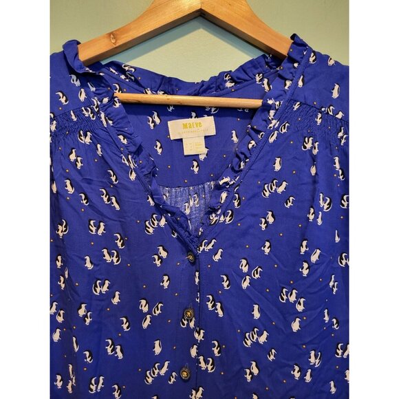 Maeve Anthropologie Blue Penguin Long Sleeve Button Up Top Ruffles Sz 6 Novelty - Picture 2 of 7